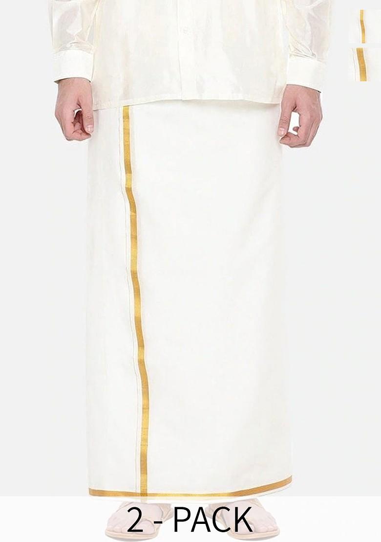 White Pack Of 2 Pure Cotton Zari Border Dhotis For Men - Indya