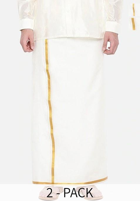 White Pack Of 2 Pure Cotton Zari Border Dhotis For Men