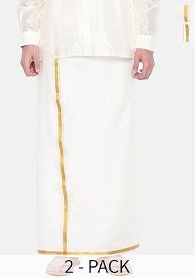 White Pack Of 2 Pure Cotton Zari Border Dhotis For Men