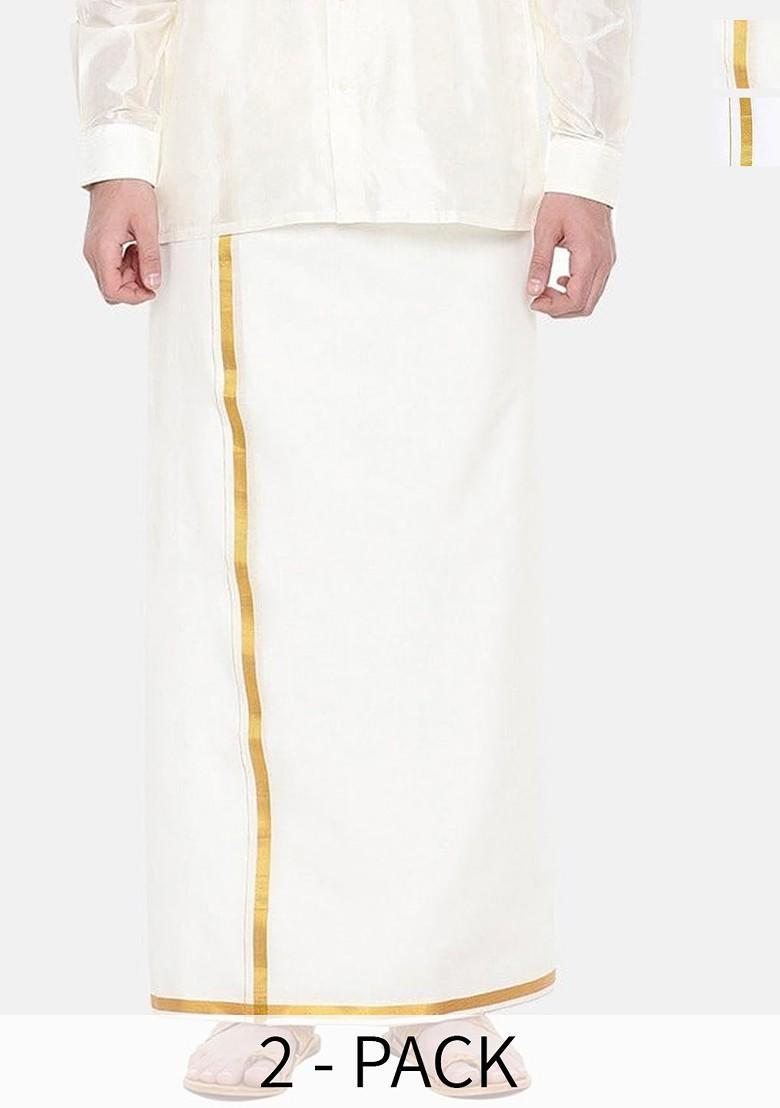 White Pack Of 2 Pure Cotton Zari Border Dhotis For Men - Indya