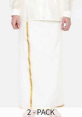 Cream Pack Of 2 Pure Cotton Single Layer Zari Border Dhotis For Men