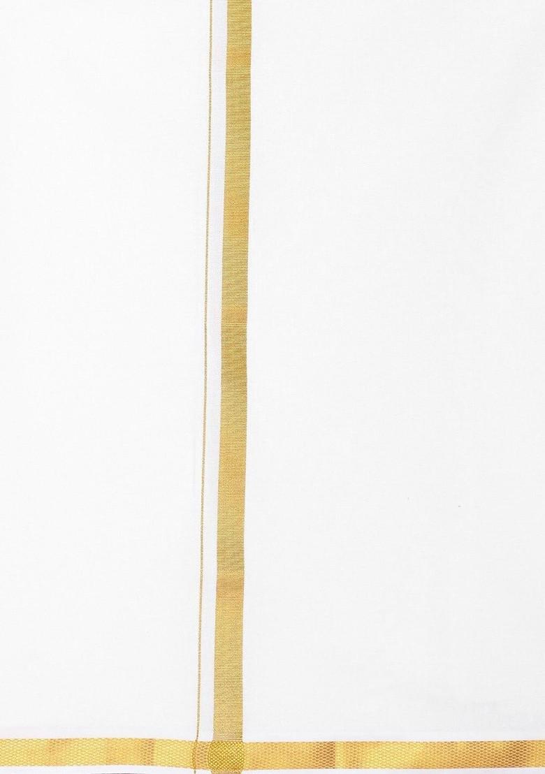 Cream Pack Of 2 Pure Cotton Single Layer Zari Border Dhotis For Men - Indya