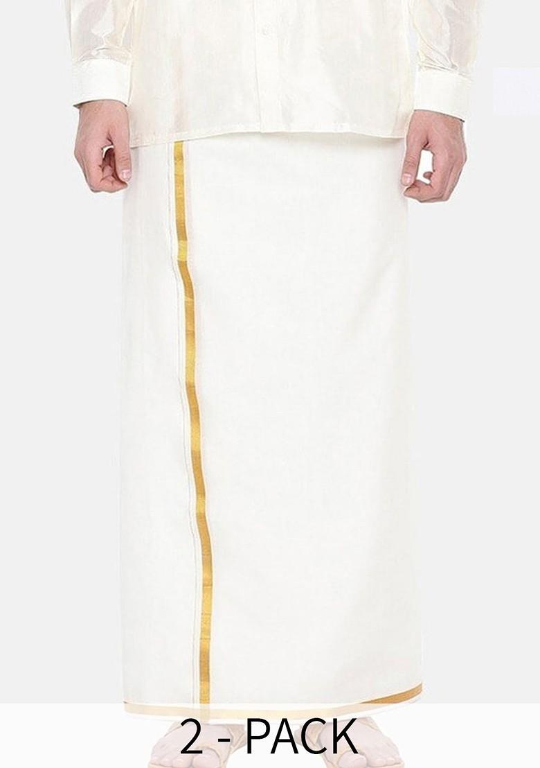 Cream Pack Of 2 Pure Cotton Single Layer Zari Border Dhotis For Men - Indya
