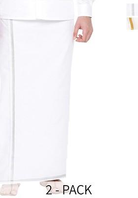 White Pack Of 2 Pure Cotton Zari Border Dhotis For Men