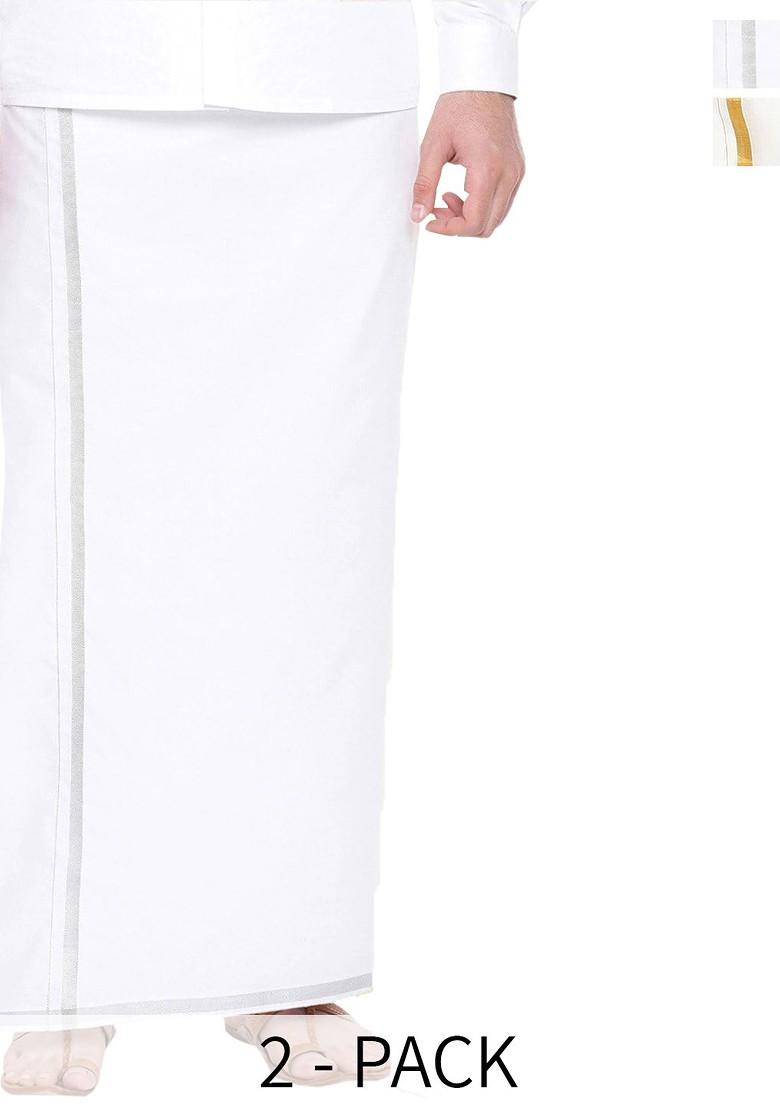 White Pack Of 2 Pure Cotton Zari Border Dhotis For Men - Indya