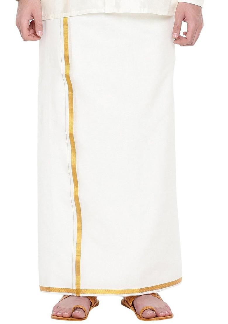 White Pack Of 2 Pure Cotton Zari Border Dhotis For Men - Indya
