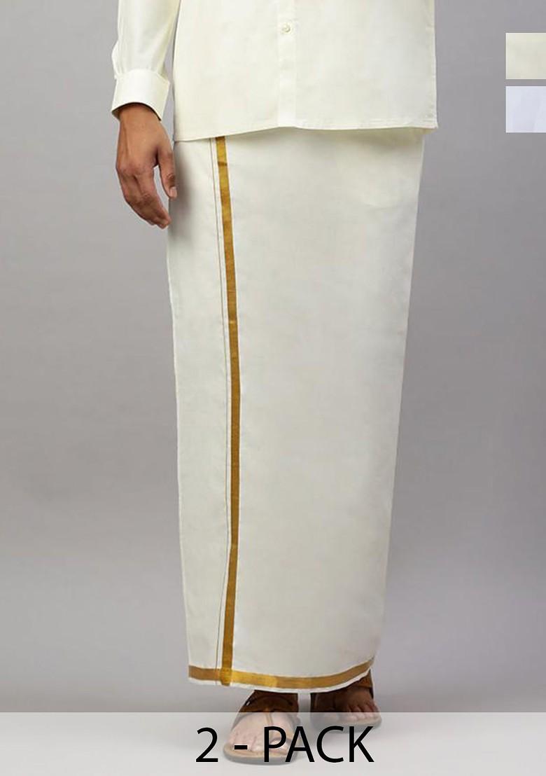 White Pack Of 2 Pure Cotton Single Layer Zari Border Dhotis For Men - Indya