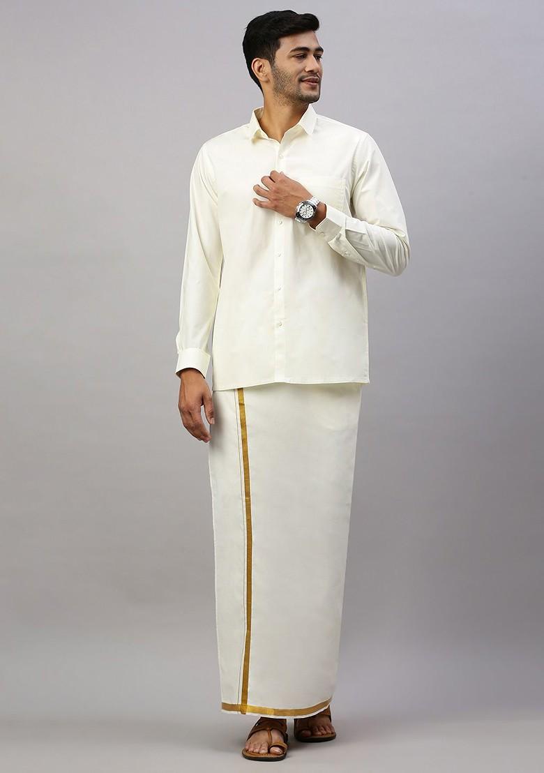 White Pack Of 2 Pure Cotton Single Layer Zari Border Dhotis For Men - Indya