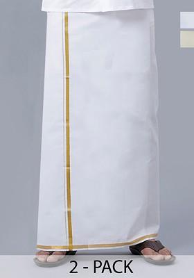 White Pack Of 2 Pure Cotton Dhotis With Zari Border For Men