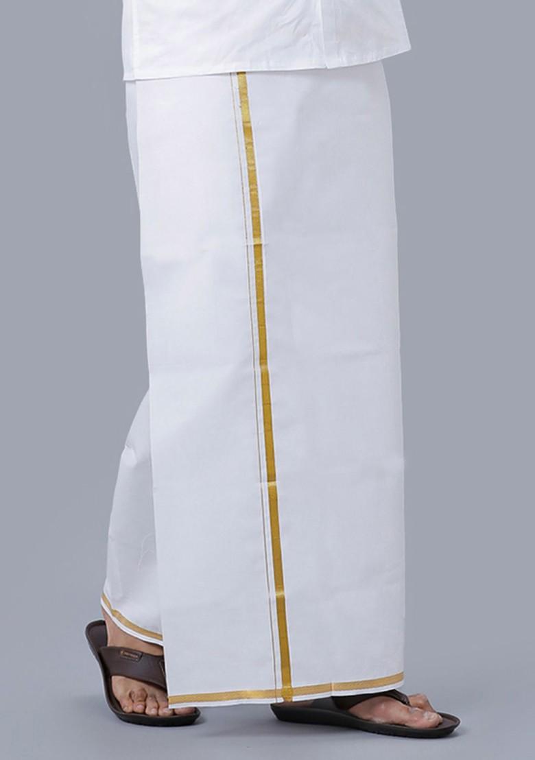 White Pack Of 2 Pure Cotton Dhotis With Zari Border For Men - Indya