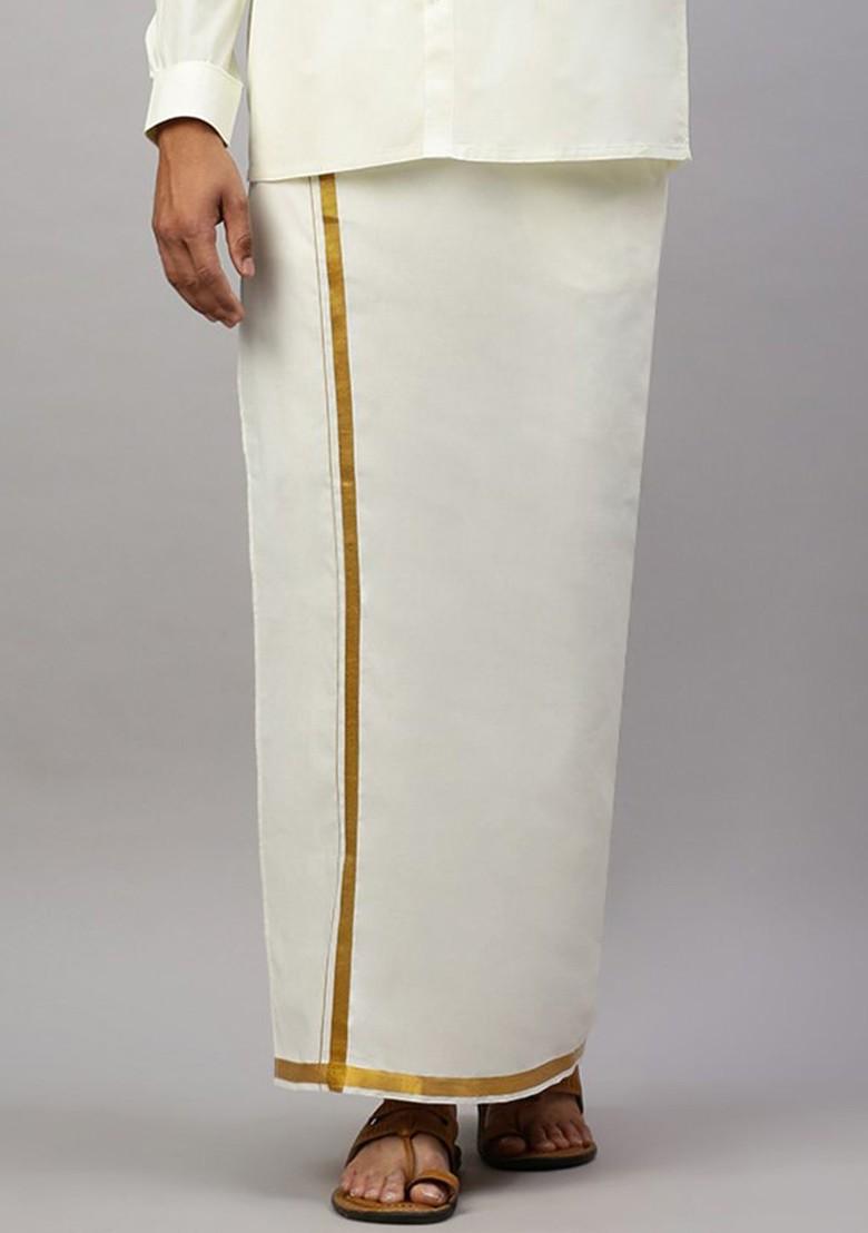 White Pack Of 2 Pure Cotton Dhotis With Zari Border For Men - Indya