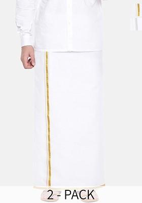 White Pack Of 2 Pure Cotton Zari Border Dhotis For Men