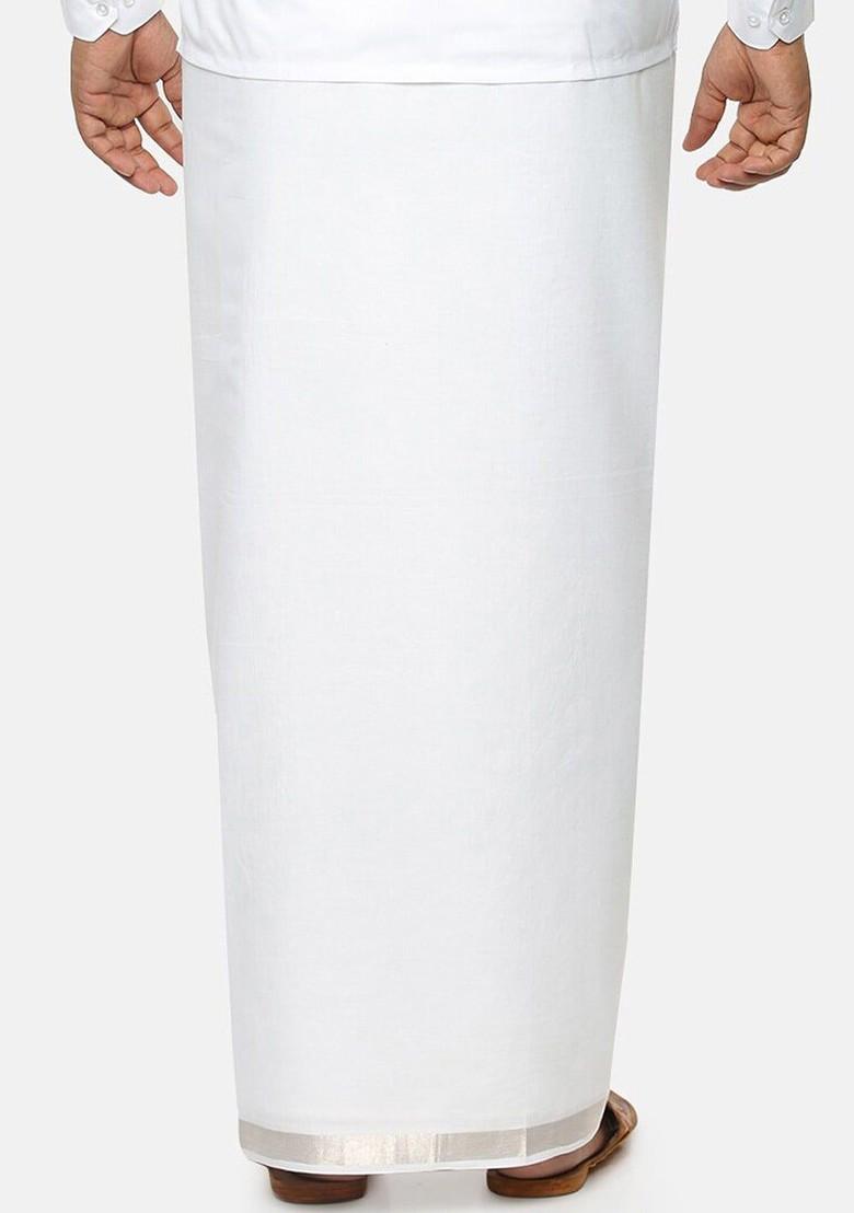 White Pack Of 2 Pure Cotton Zari Border Dhotis For Men - Indya