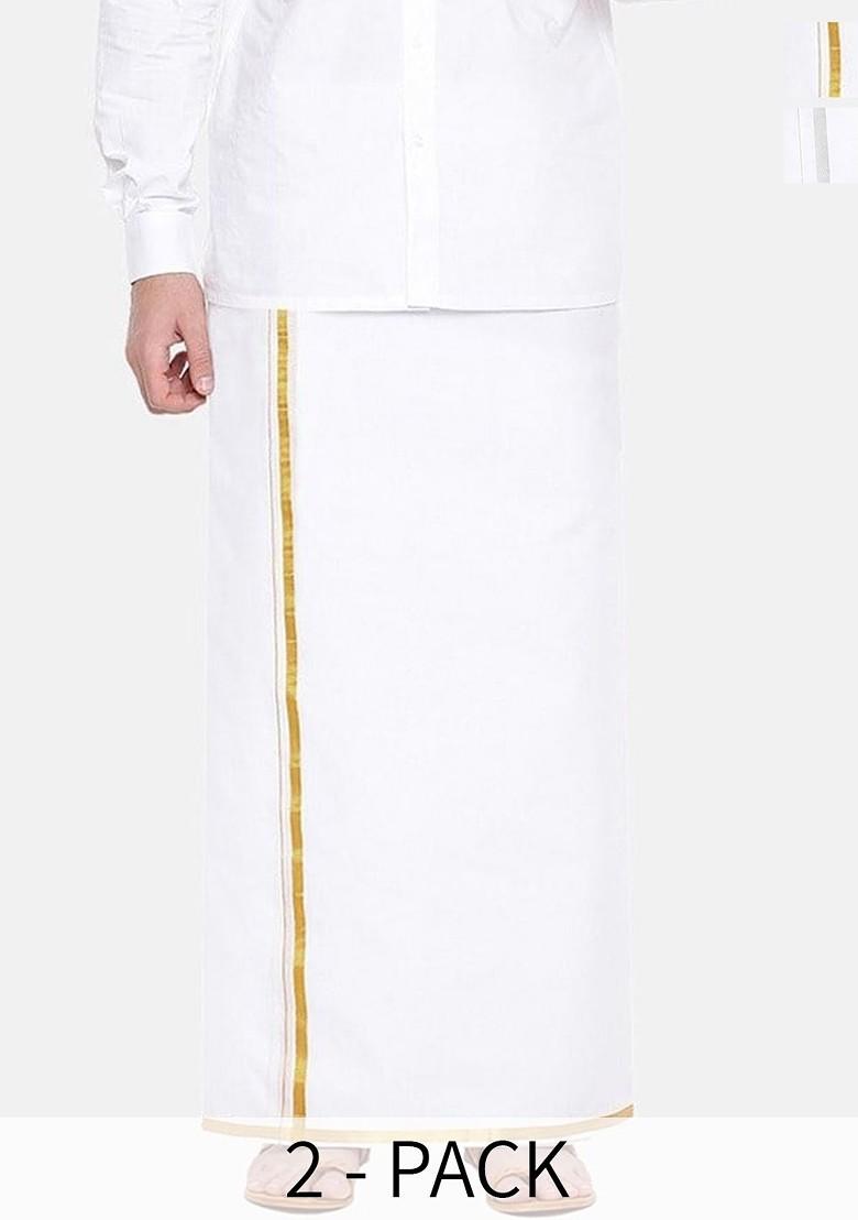 White Pack Of 2 Pure Cotton Zari Border Dhotis For Men - Indya