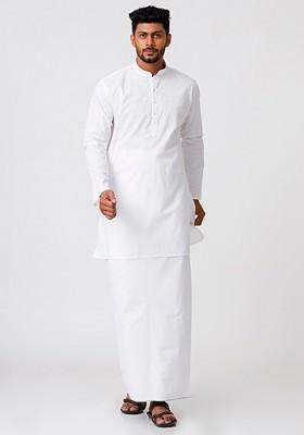 White Mandarin Collar Pure Cotton Kurta With Dhoti For Men