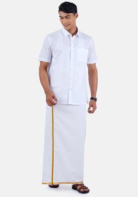 White Short Sleeves Pure Cotton Shirt With Dhoti For Men