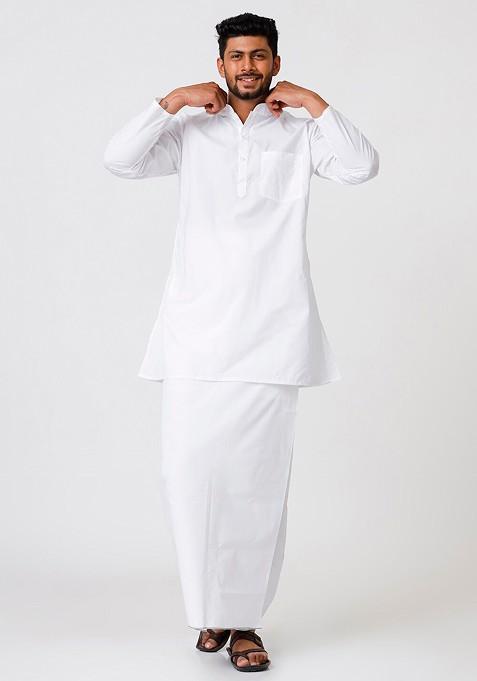 White Mandarin Collar Pure Cotton Kurta With Dhoti For Men