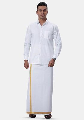 White Ramraj Cotton Blend Full Sleeve Shirt With Dhoti For Men