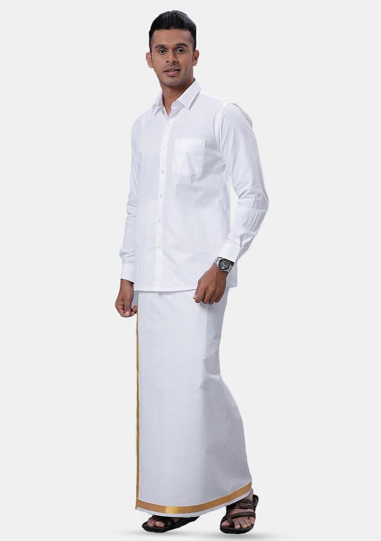 White Ramraj Cotton Blend Full Sleeve Shirt With Dhoti For Men - Indya
