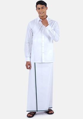 White Long Sleeves Pure Cotton Shirt With Dhoti For Men
