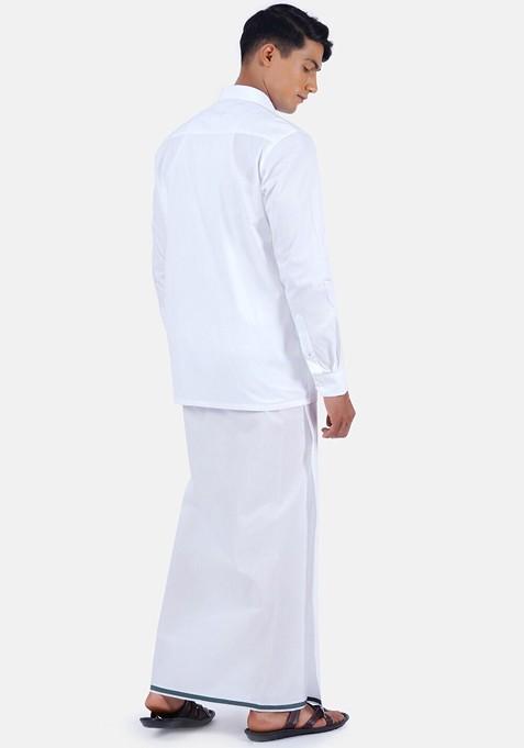 White Long Sleeves Pure Cotton Shirt With Dhoti For Men