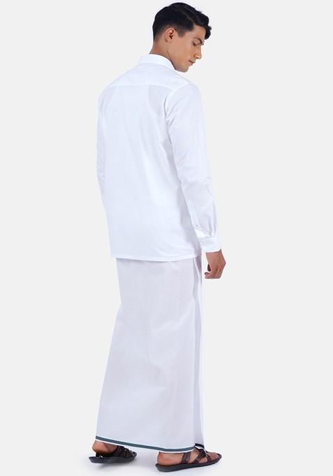 White Long Sleeves Pure Cotton Shirt With Dhoti For Men