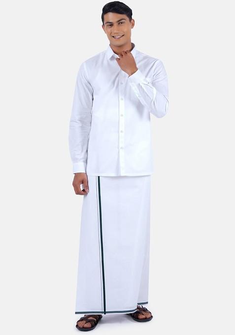 White Long Sleeves Pure Cotton Shirt With Dhoti For Men