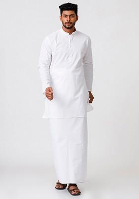 White Mandarin Collar Pure Cotton Kurta With Dhoti For Men
