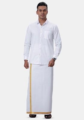 White Long Sleeves Shirt With Golden Jari Dhoti For Men