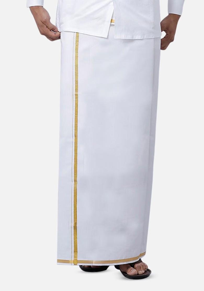 White Long Sleeves Shirt With Golden Jari Dhoti For Men - Indya