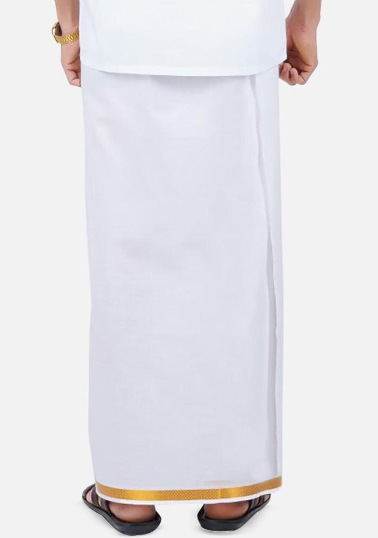 White Long Sleeves Shirt With Golden Jari Dhoti For Men - Indya