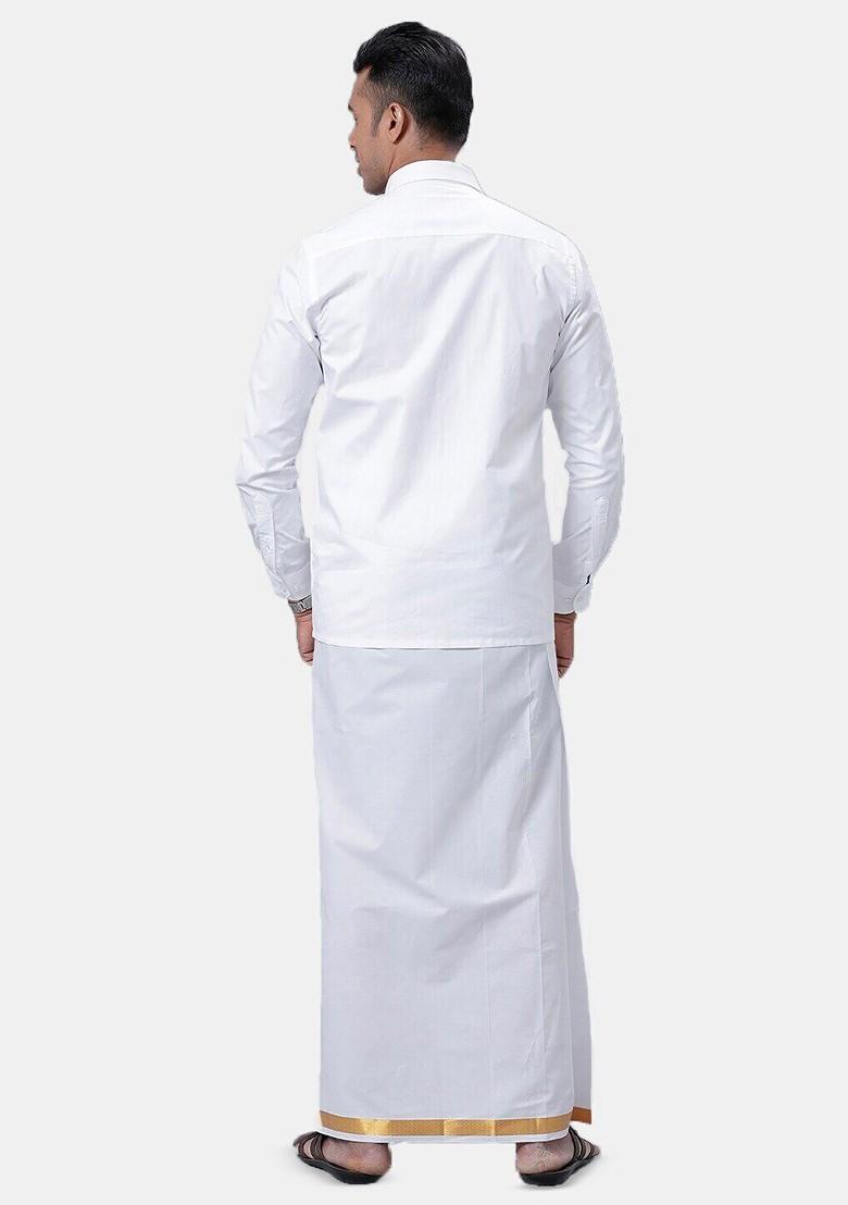 White Long Sleeves Shirt With Golden Jari Dhoti For Men - Indya