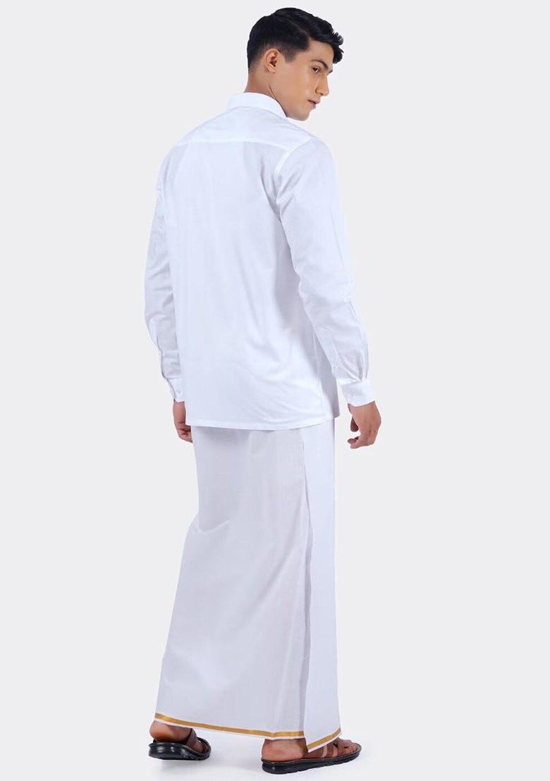 White Long Sleeves Shirt With Zari Border Dhoti For Men