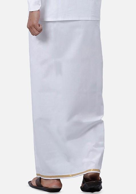 White Long Sleeves Shirt With Zari Border Dhoti For Men
