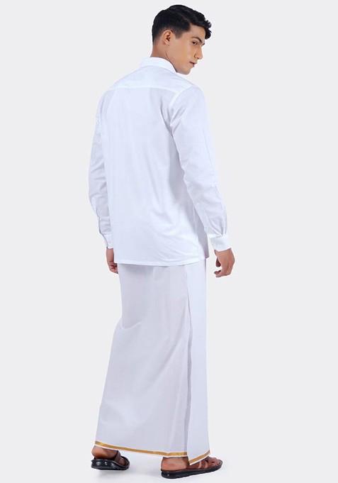 White Long Sleeves Shirt With Zari Border Dhoti For Men