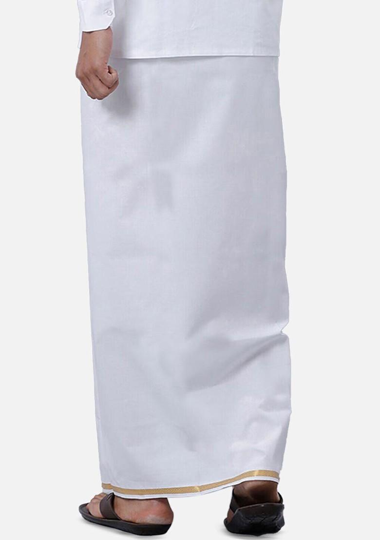 White Short Sleeves Shirt With Golden Jari Dhoti For Men - Indya