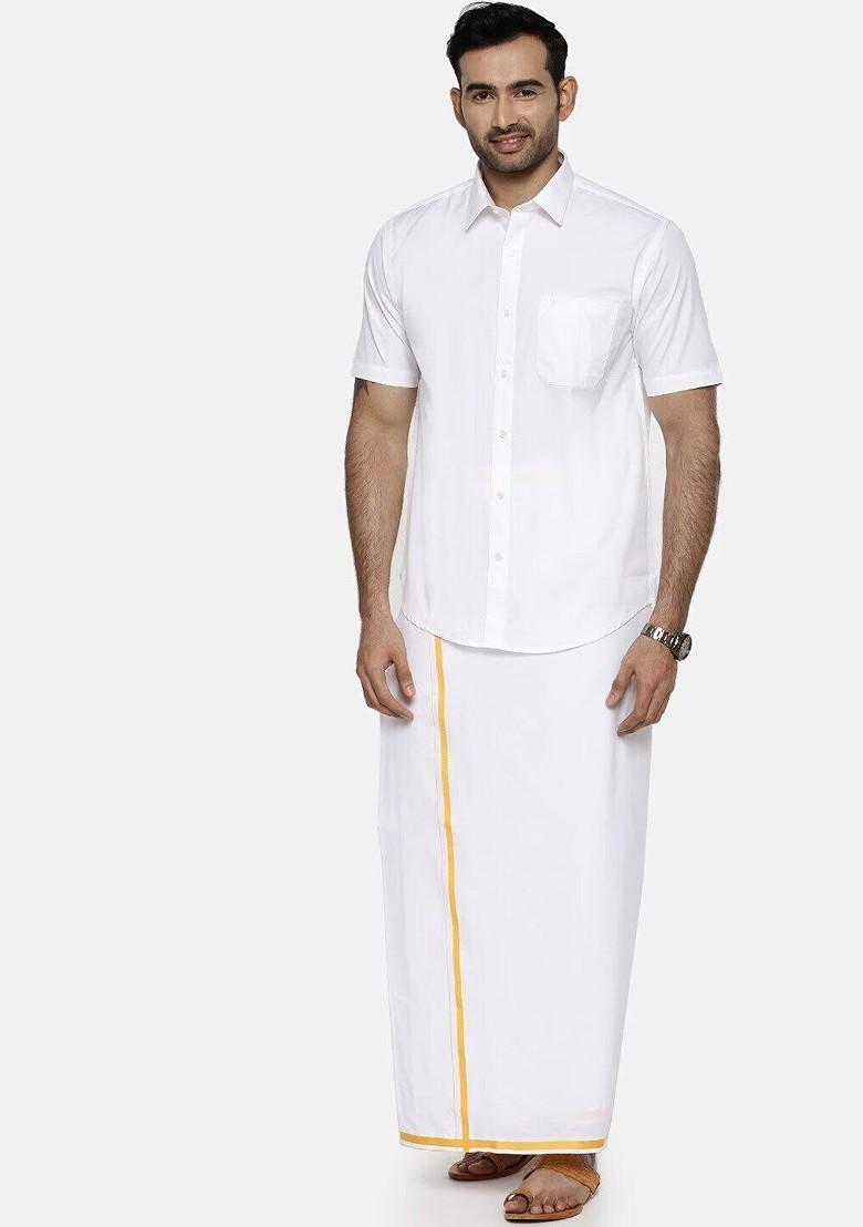 White Short Sleeves Shirt With Golden Jari Dhoti For Men - Indya