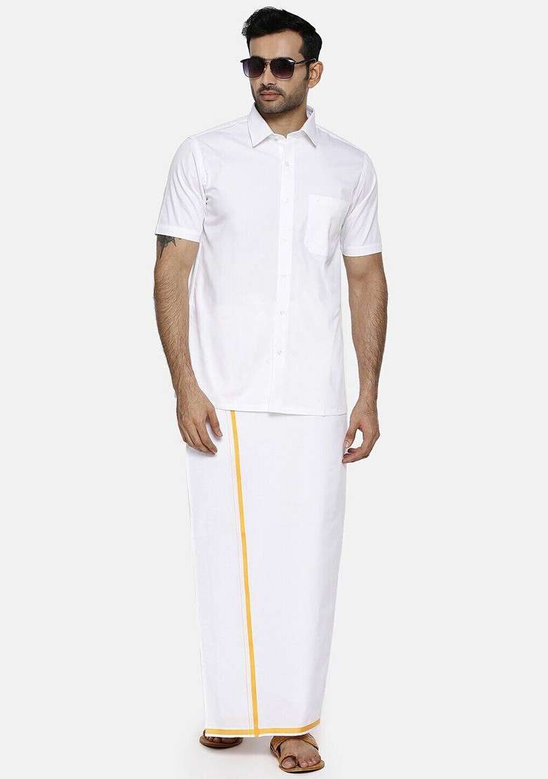 White Short Sleeves Shirt With Zari Border Dhoti For Men - Indya