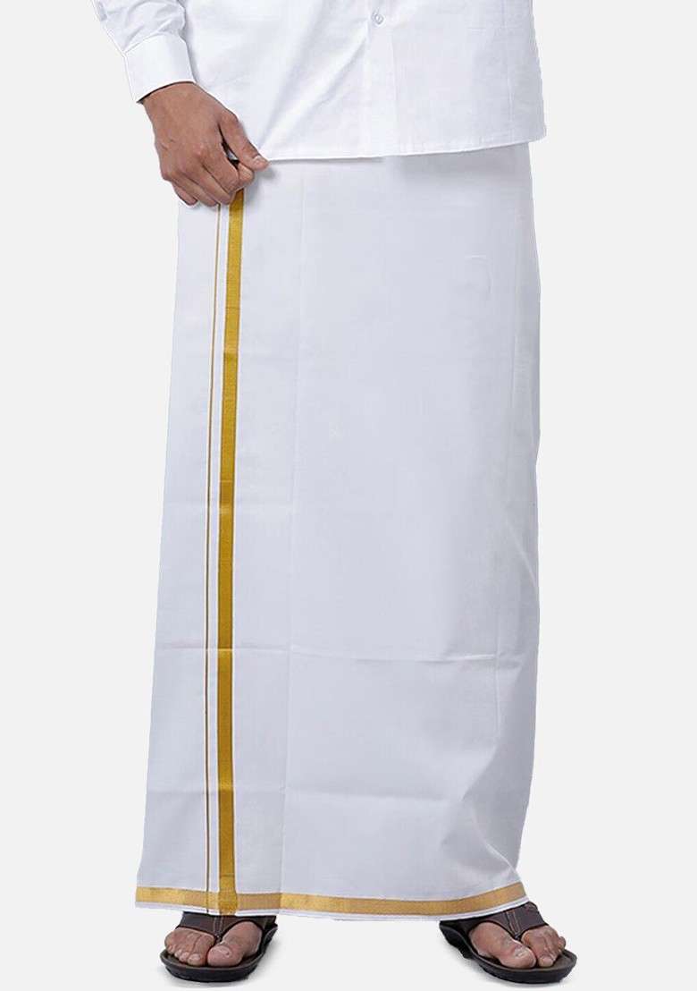 White Short Sleeves Shirt With Zari Border Dhoti For Men - Indya