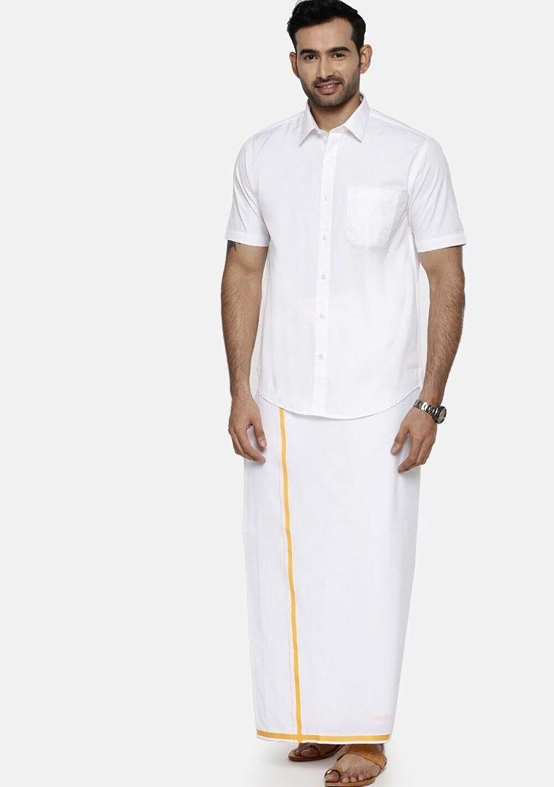 White Short Sleeves Shirt With Golden Jari Dhoti For Men - Indya