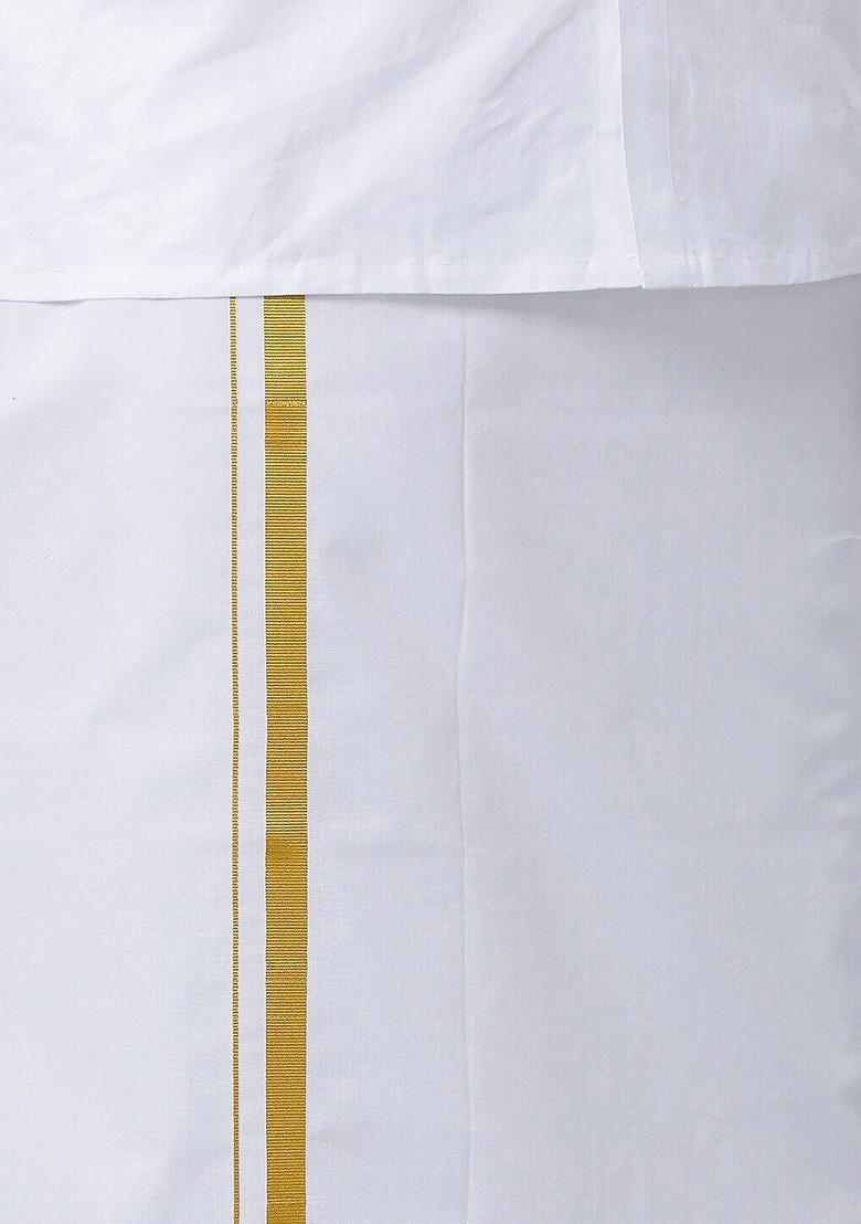 White Short Sleeves Shirt With Golden Zari Dhoti For Men - Indya