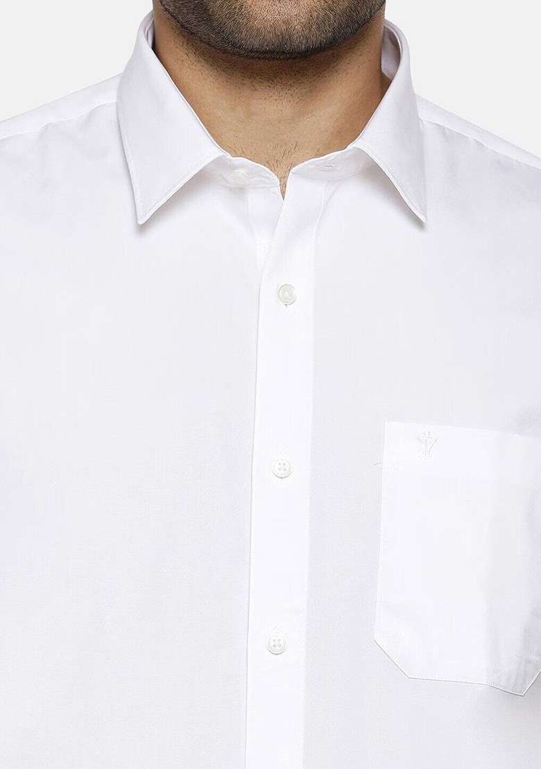 White Short Sleeves Shirt With Golden Zari Dhoti For Men - Indya