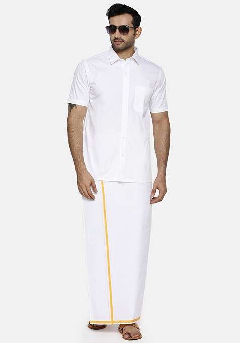 White Short Sleeves Shirt With Golden Zari Dhoti For Men
