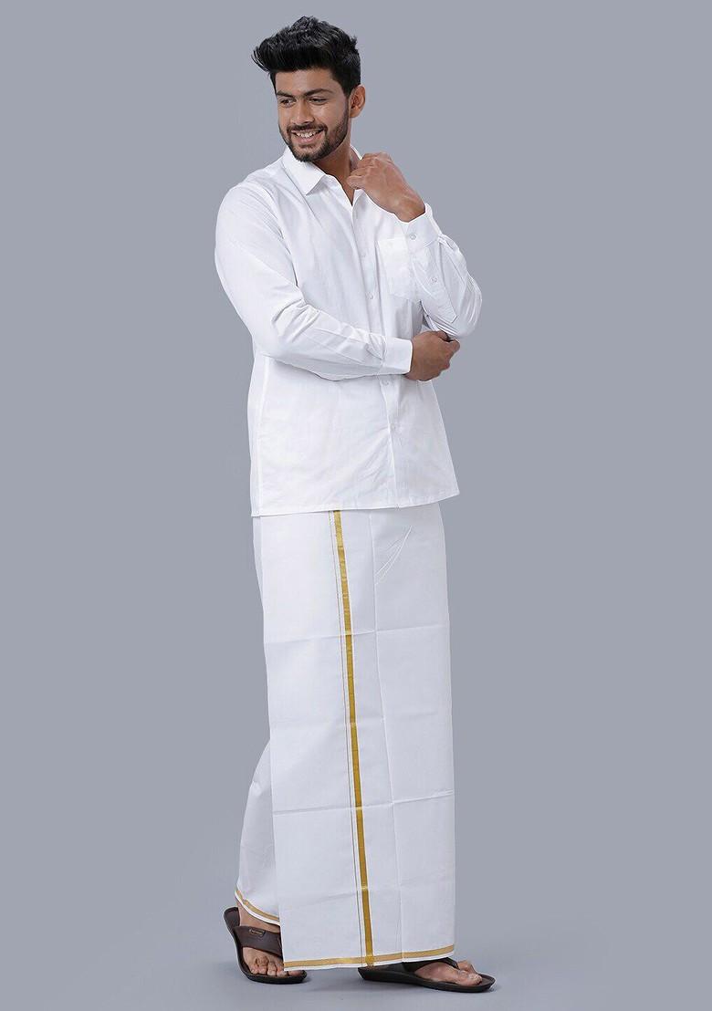 White Long Sleeves Shirt With Golden Jari Dhoti For Men - Indya