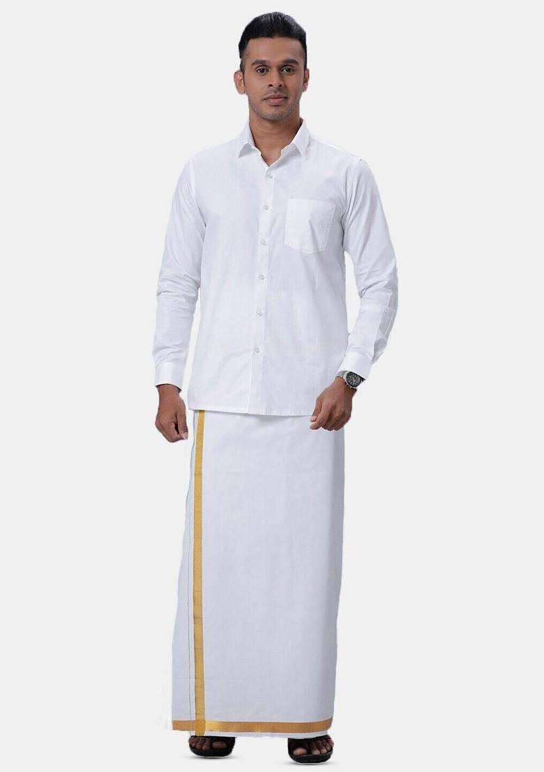 White Long Sleeves Shirt With Golden Jari Dhoti For Men - Indya