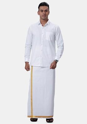 White Long Sleeves Shirt With Golden Jari Dhoti For Men