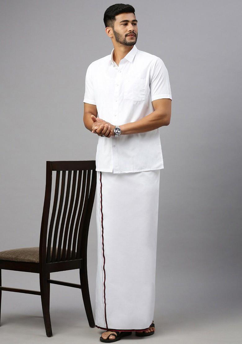 White Veshti Shirt Collar Shirt And Dhoti Set For Men - Indya