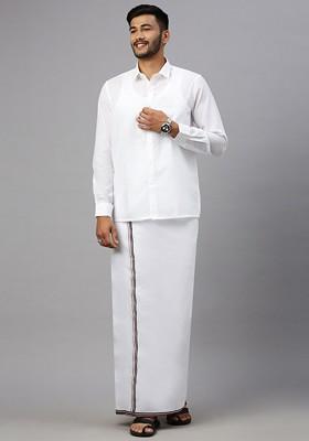 White Veshti Shirt Collar Shirt And Dhoti Set For Men