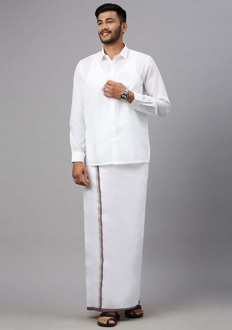 White Veshti Shirt Collar Shirt And Dhoti Set For Men - Indya