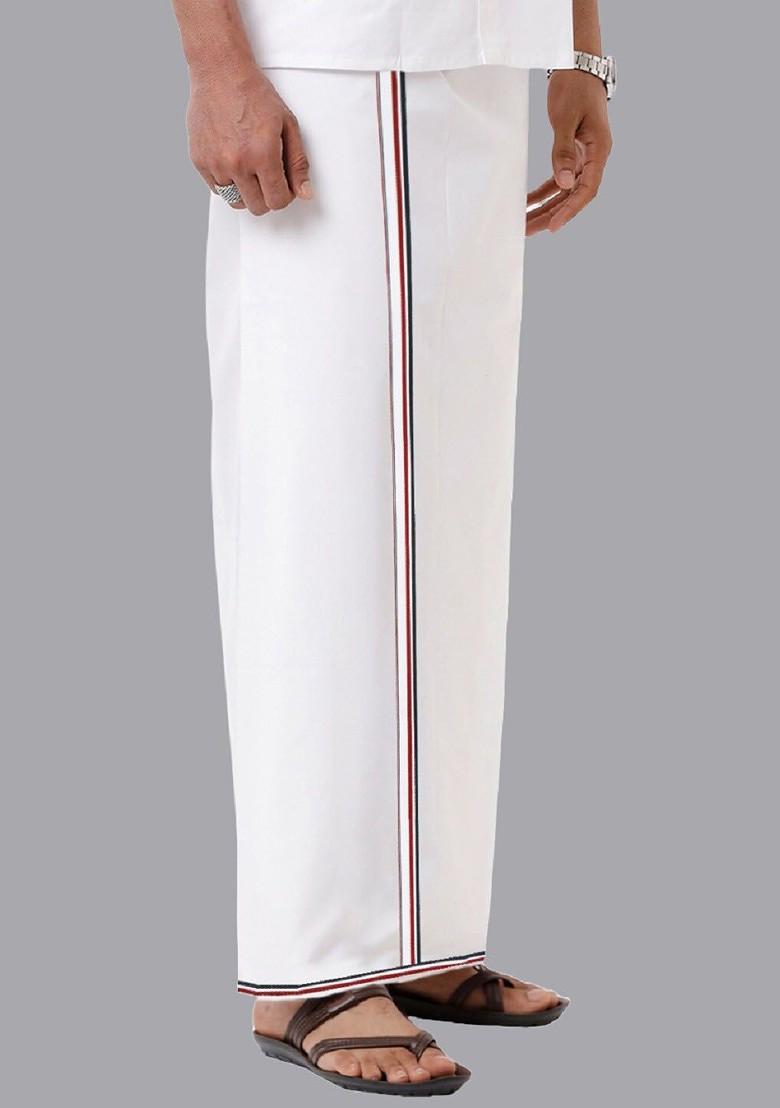 White Veshti Shirt Collar Shirt And Dhoti Set For Men - Indya
